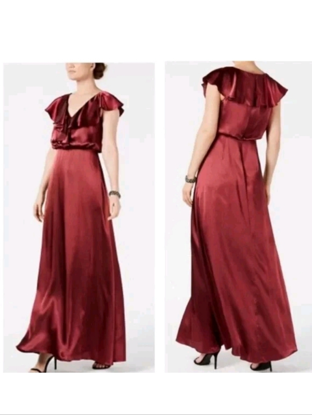 Adrianna Papell Women's Burgundy Wine Ruffle Hammered Satin Maxi Dress Size 10 - Picture 4 of 12